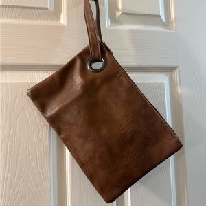 Brown Faux Leather Wristlet Clutch – Minimalist Zip Pouch